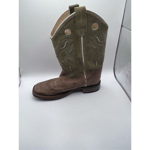 Old West Youth Tumbled Brown & Tan Calf Leather Top Square Toe Boots Size 3.0 D - Picture 5 of 6
